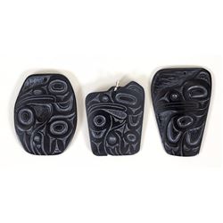Three Haida Argillite Pendants with Raven Design by Pat Dixon 2" L. - 2 1/2" L.  Good Condition