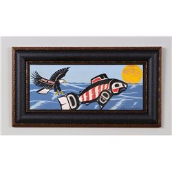 Original Painting on Board of a Killer Whale and Eagle Signed Clarence Mills 11 1/2"x 21" Framed  Go