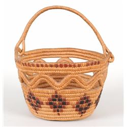 Lillooet Handled Basket with Diamond Imbricated Design and Crenulated Open Work 7 1/2" D. 5" H.  Goo