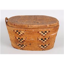 Large Salish Lidded Basket 21" L. 16" W. 11 1/2" H.  As Is