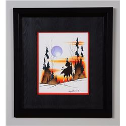 Garry Meeches Watercolor of a Native Riding His Horse in Moonlight 21"x 23 1/2" Framed  Good Conditi