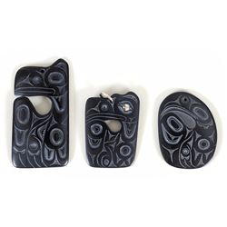 Three Haida Argillite Pendants by Pat Dixon 1 3/4" L. - 2 1/2" L.  Good Condition