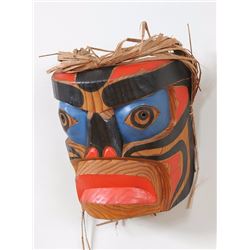 Northwest Coast Portrait Mask with Cedar Bark Hair 9" H. 7" W.  Good Condition
