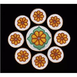 Nine Beaded Coasters with Floral Design 3 1/2" D. - 5 5/8" D.  Good Condition