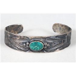 Fred Harvey Coin Silver and Turquoise Bracelet with Stamped Arrow Design 20 GMS 5 3/8" L. 5/8" W. 1 