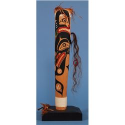 Killer Whale Baton Rattle with Wild Woman Blow Hole Carved by Earl 1961 18 3/4" H. 2 3/4" D.  Fine C
