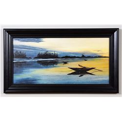 Original Painting on Canvas of a Scene with Kayaks - Unsigned 15 1/2"x 27 1/2" Framed  Good Conditio