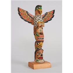 Northwest Coast Totem Carved with Eagle, Killer Whale, Eagle and Chief Signed Illegibly 9 3/4" H. 6 