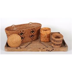 Five Northwest Coast Cedar and Spruce Root Baskets and Basketry Items 4" W. - 22 1/2" W.  As Is