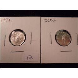 MEXICO 1992 & 2002 1/20 OZ. SILVER LIBERTADS UNC