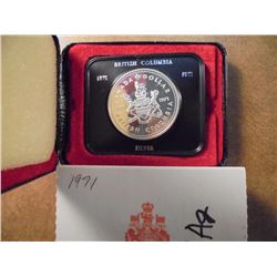 1971 CANADA BRITISH COLUMBIA PROOF SILVER DOLLAR .3750 OZ. ASW, ORIGINAL ROYAL CANADIAN MINT PACKAGI