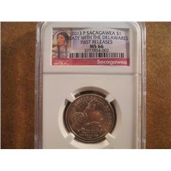 2013-P SACAGAWEA DOLLAR NGC MS66 1ST RELEASES "TREATY WITH THE DELAWARES"
