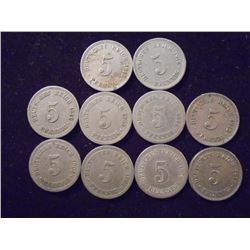 10 ASSORTED GERMAN 5 PFENNISG DATE RANGE 1876-1915