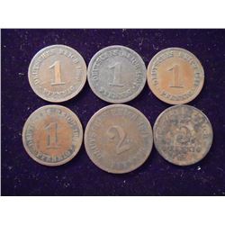 5-1874-1917 GERMAN COINS SEE DESCRIPTION 4-1 PFENNIG, 2 PFENNIG AND 5 PFENNIG.