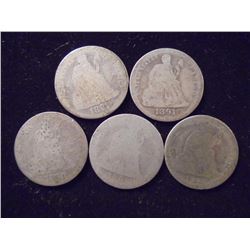 5 ASSORTED 1890'S SEATED LIBERTY DIMES