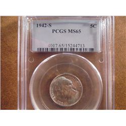 1942-S 35% SILVER JEFFERSON WAR NICKELS PCGS MS65