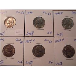 1940-D,46,46-D,47,47-S & 48-S JEFFERSON NICKELS ALL UNC'S
