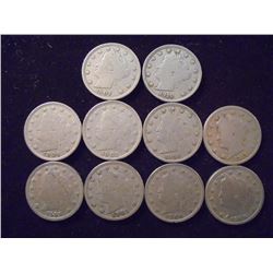 10 ASSORTED LIBERTY  V  NICKELS ALL VG'S +