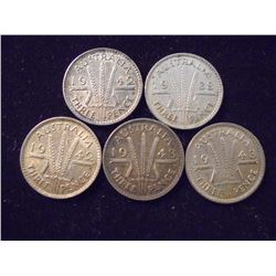 5 ASSORTED 1938-1943 AUSTRALIA SILVER 3 PENCE