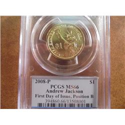 2008-P JACKSON DOLLAR PCGS MS66 POS. B 1ST DAY ISSUE