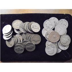 17 SILVER QUARTERS & 30 35% SILVER JEFFERSON WAR NICKELS