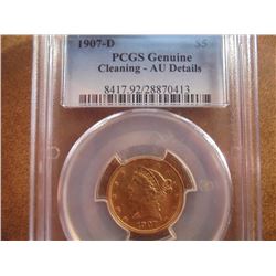 1907-D US GOLD $5 LIBERTY HALF EAGLE PCGS AU DETAILS