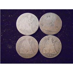 4 ASSORTED 1890'S SEATED LIBERTY DIMES