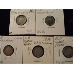 1911,17,22,34 & 40 GREAT BRITAIN SILVER 3 PENCE