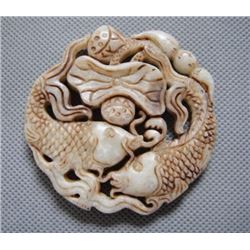 Old Jade Hand Carved Lotus Flower & Fish Pendant