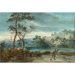 Burgess,, Fishing on the river bank,, watercolour,, bears signature lower right,, 21.5 x...