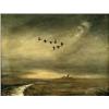 Image 1 : P** R** Wilson,, Evening landscape with geese overflying an estuary,, oil on canvas,, signe...