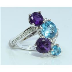 14K WHITE GOLD RING 5 GRAM  DIAMOND 0.17CT BLUE TOPAZ 3.30 CT APPROX AMETHYST 3.35CT