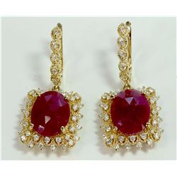 RUBY CABOCHION 11.21CT / DIAMOND 1.27CT / 14K YELLOW GOLD EARRING 8.91GRAM