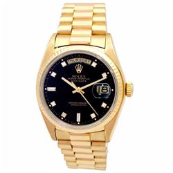 36mm Gents Rolex 18k Yellow Gold Oyster Perpetual Daydate Watch. Black 8+2 Diamond Dial. 18k Fluted 