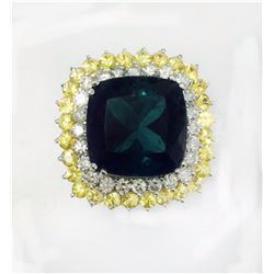 YELLOW SAPPHIRE 2.40CT / BLUE SPINEL 12.78CT, 14K W/G RING 10.27GRAM / DIAMOND RD 1.19CT