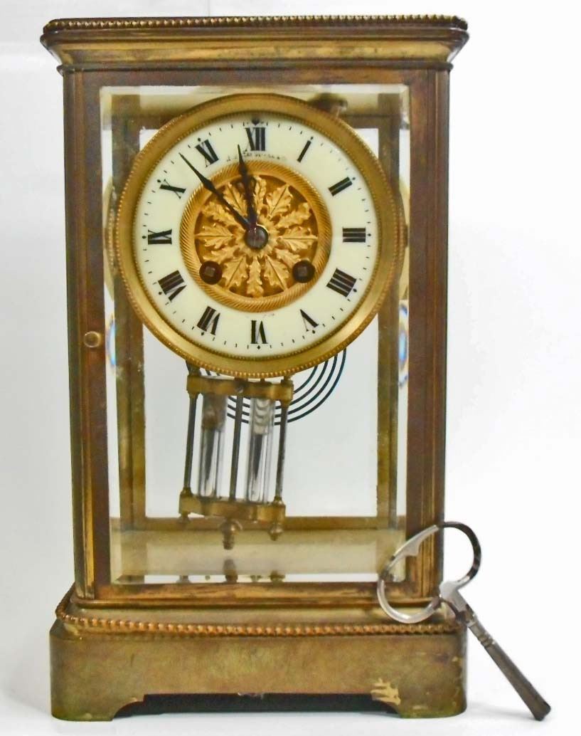 ANTIQUE FRENCH BEVELED GLASS & BRASS MANTLE CLOCK W/ MERCURY PENDULUM