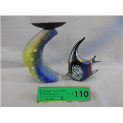 Signed art glass candle holder & Blue"Pele" fish