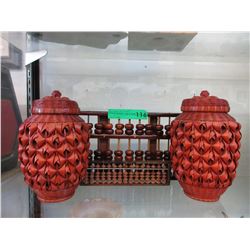Pair of Bamboo urns & 2 wood abacus'