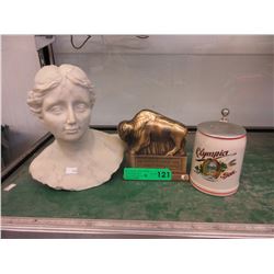 Brass advertising bank, stein & porcelain bust