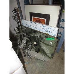 Drum pedal, 2 pieces of art & a vintage mirror