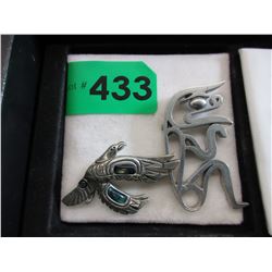 2 Vintage signed Pewter Native brooches