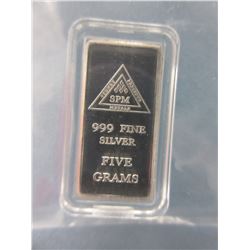 5 Gram Silver Investors Bar. .999 Silver