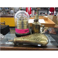 Brass desk top barometer, powder horn & oil can