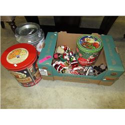 Box of Christmas decorations & 3 tins
