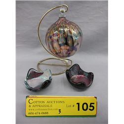Blown art glass Christmas ball on stand