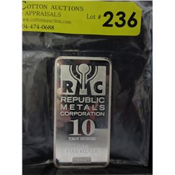 10 Troy Oz  - Republic Metals Silver Investors Bar