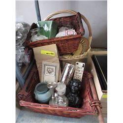 3 Wicker baskets of household decorative items
