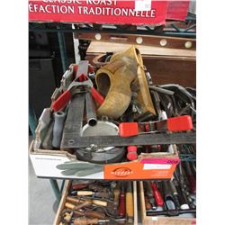 Box of used tools & a pair of wooden shoes