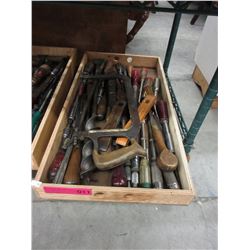 Wood tray full of hand tools - some vintage