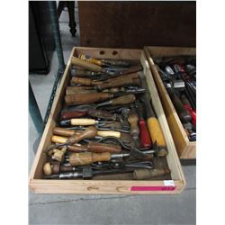 Wood tray full of hand tools - some vintage